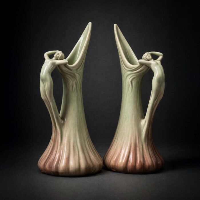 Paire de grands vases / pichets Art Nouveau Jérôme Massier en faïence à décor de femme stylisée