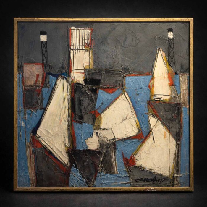 Huile sur toile – « Vue d&rsquo;un port » signée Claude Vénard (1913–1999)